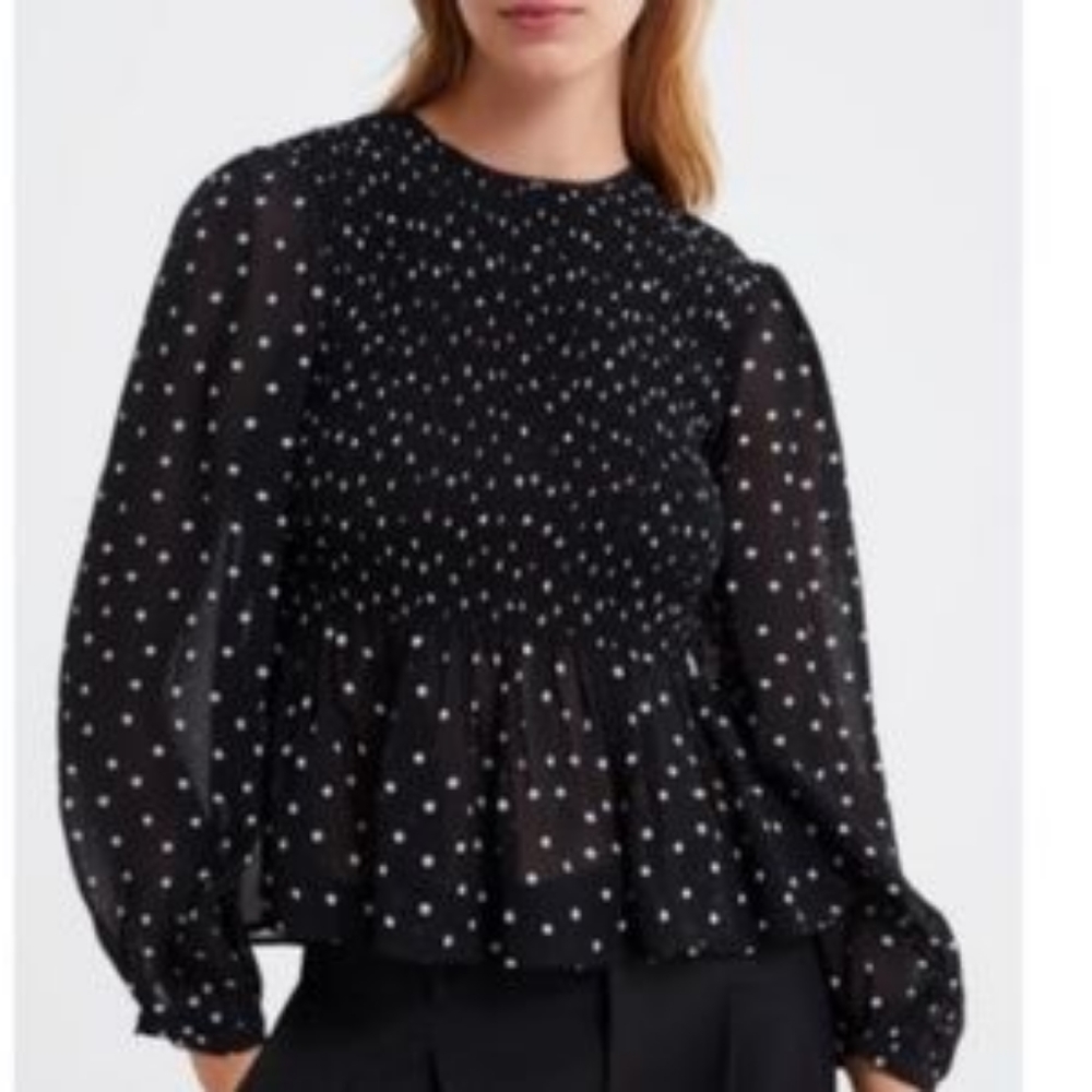Zara Smocked Polka Dot Blouse, black, size Medium